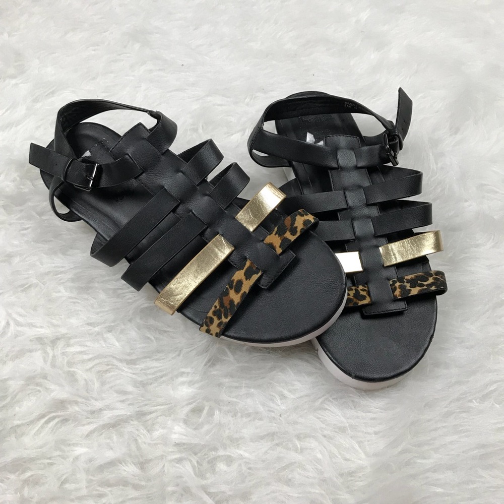 Beau+Ash Marley gold cheetah & black sandals sz 9